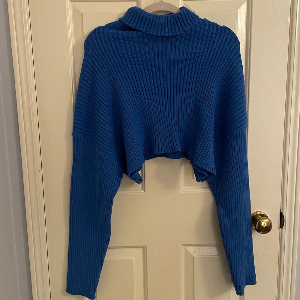 Ribbed Long Sleeve Crop Royal Blue Turtleneck Sweater